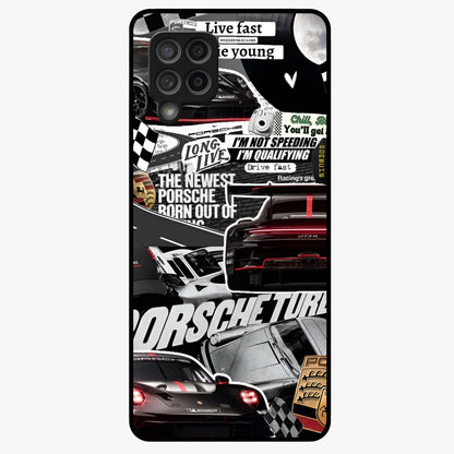 Porsche Racing Collage Glass Case showing flat back view with sports car racing collage artwork and glossy glass finish.