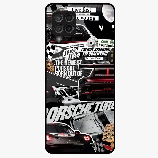 Porsche Racing Collage Glass Case showing flat back view with sports car racing collage artwork and glossy glass finish.