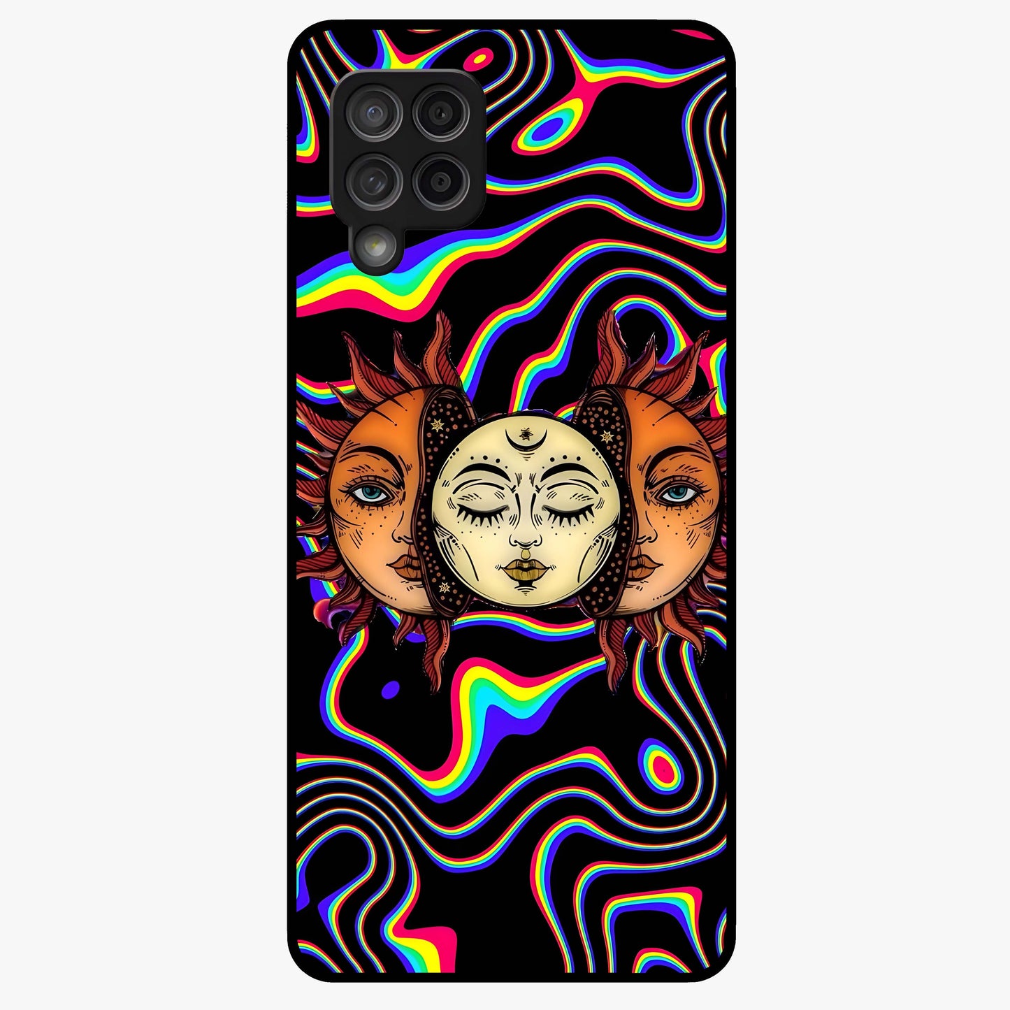 Psychedelic Sun Glass Case showing flat back view with colorful psychedelic sun artwork and glossy glass finish.
