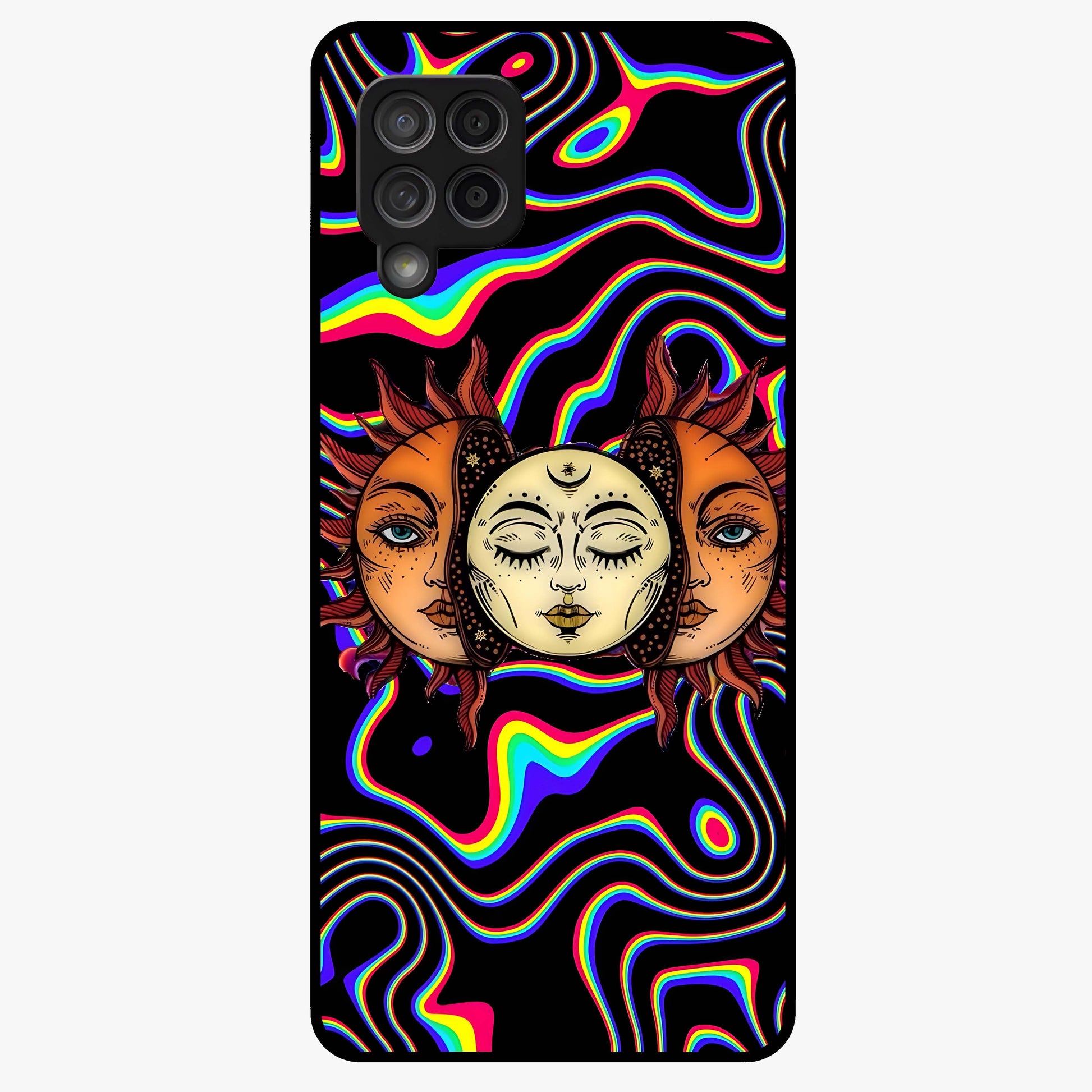 Psychedelic Sun Glass Case showing flat back view with colorful psychedelic sun artwork and glossy glass finish.