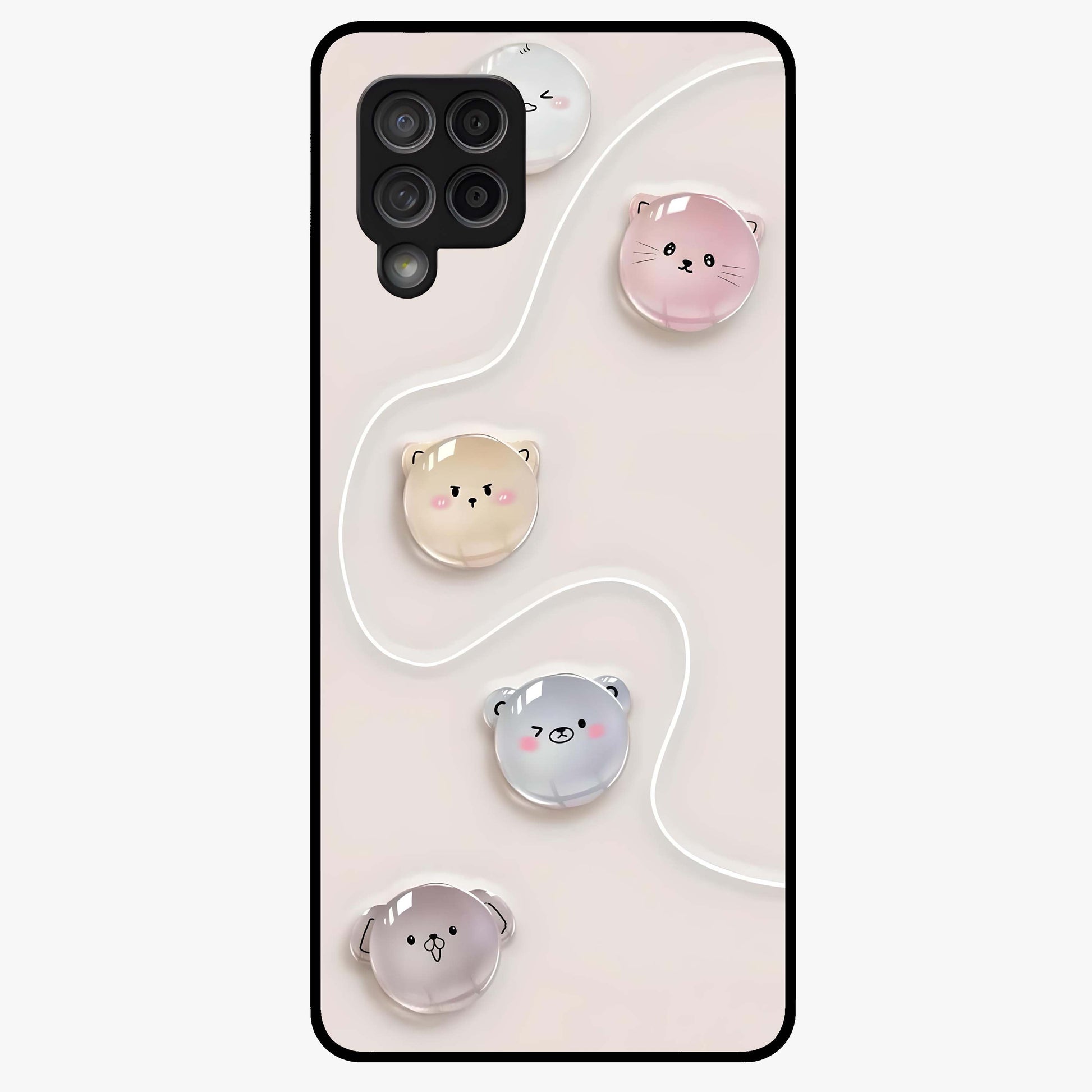 Puffy Face Parade Glass Case showing flat back view with cute puffy character faces artwork and glossy glass finish.