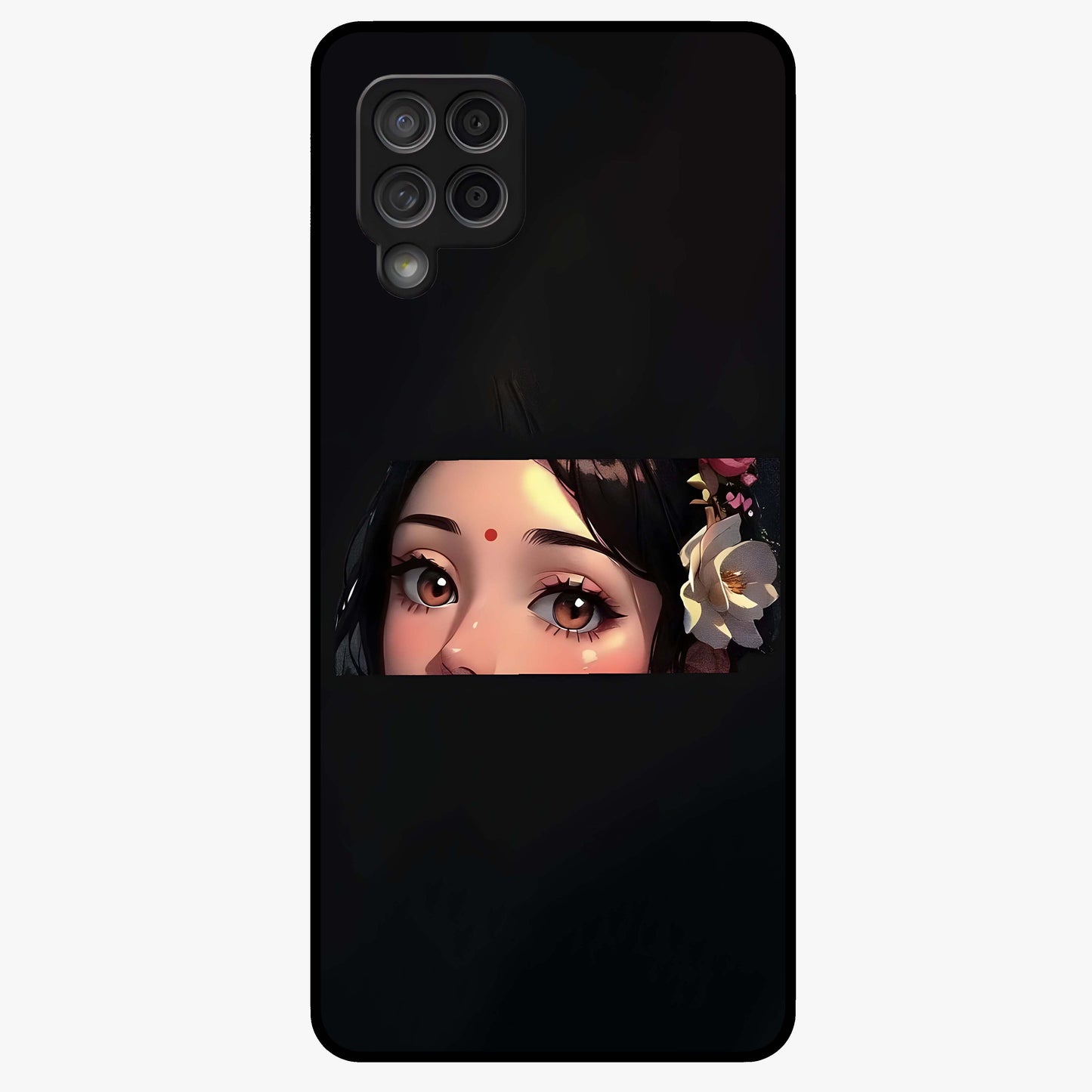 Radha Divine Embrace Glass Case showing flat back view with devotional Radha artwork and glossy glass finish.