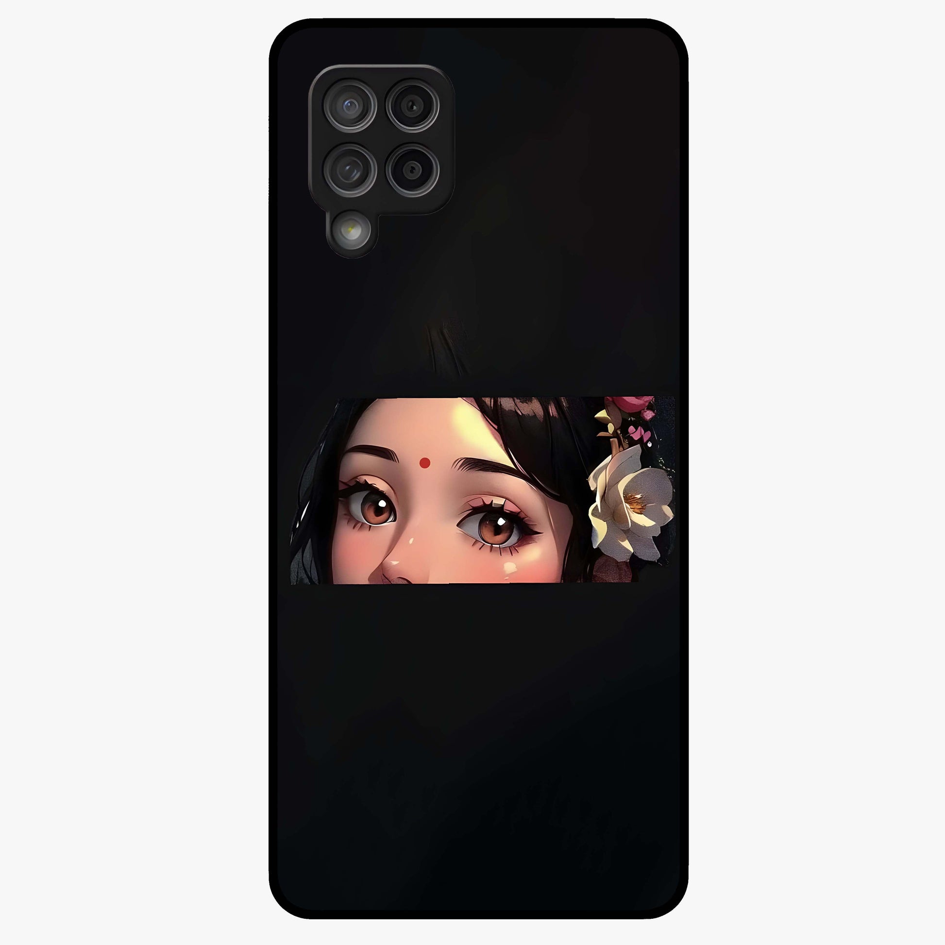 Radha Divine Embrace Glass Case showing flat back view with devotional Radha artwork and glossy glass finish.