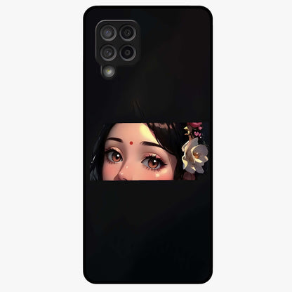 Radha Divine Embrace Glass Case showing flat back view with devotional Radha artwork and glossy glass finish.