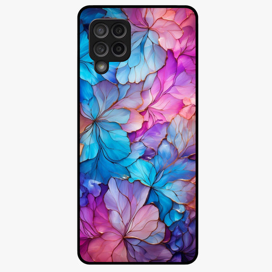 Radiant Floral Whirl Glass Case showing flat back view with swirling floral artwork and glossy glass finish.