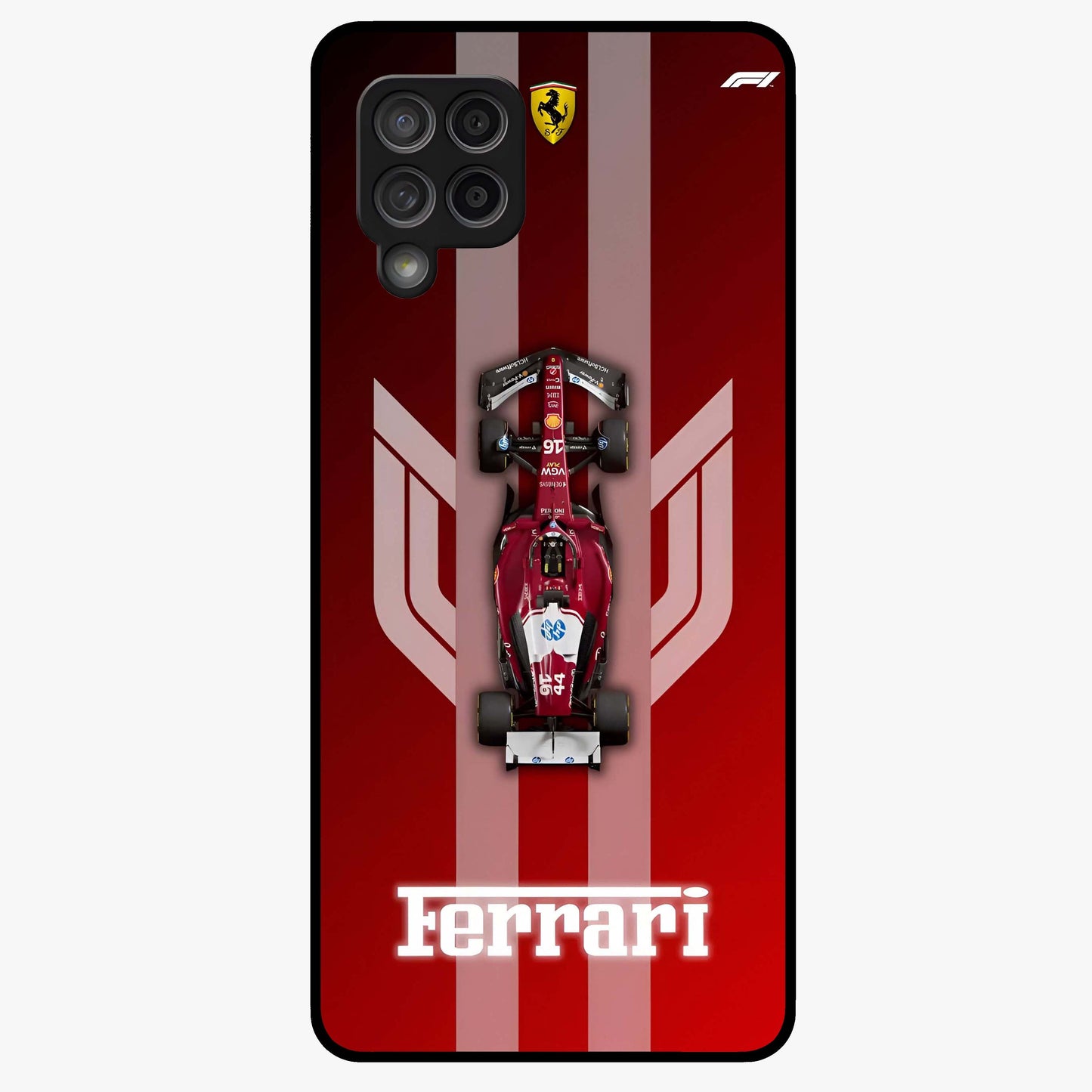Red Ferrari F1 Vertical Glass Case showing flat back view with sleek Formula racing car artwork and glossy glass finish.