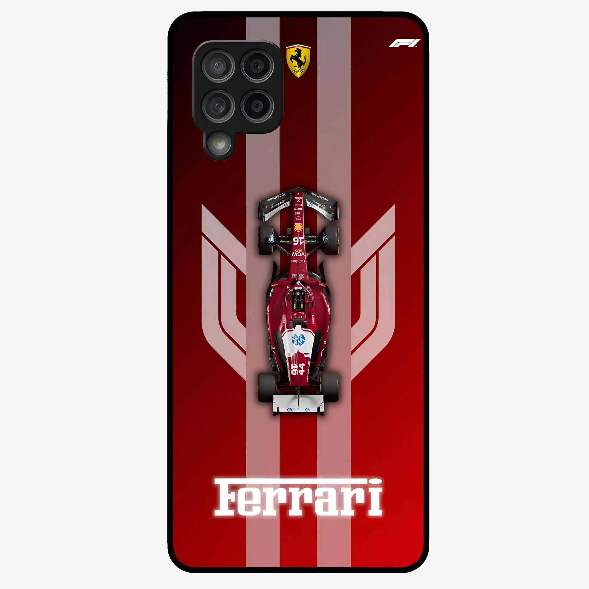 Red Ferrari F1 Vertical Glass Case showing flat back view with sleek Formula racing car artwork and glossy glass finish.