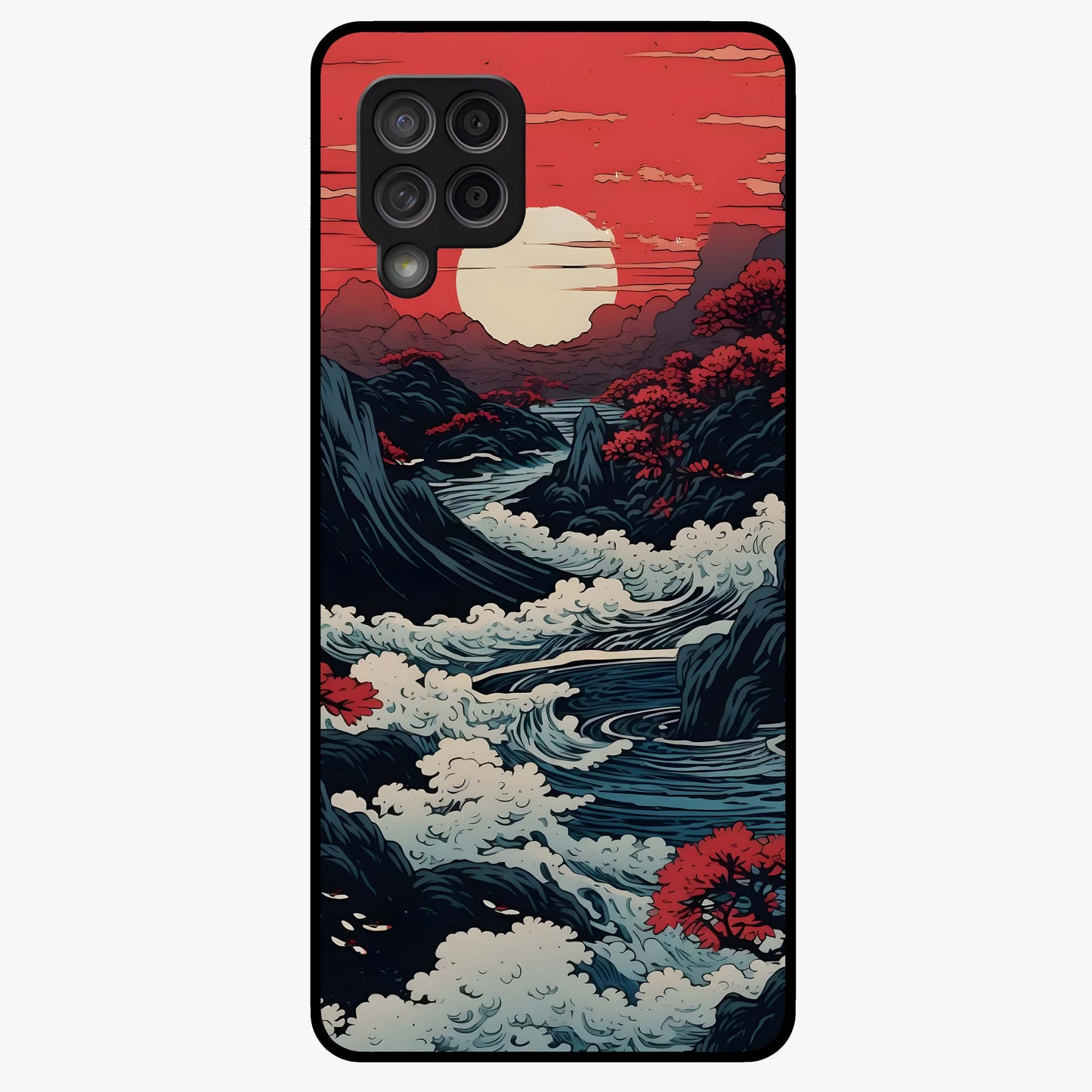 Red Sunset Scenery Glass Case showing flat back view with vibrant sunset landscape artwork and glossy glass finish.