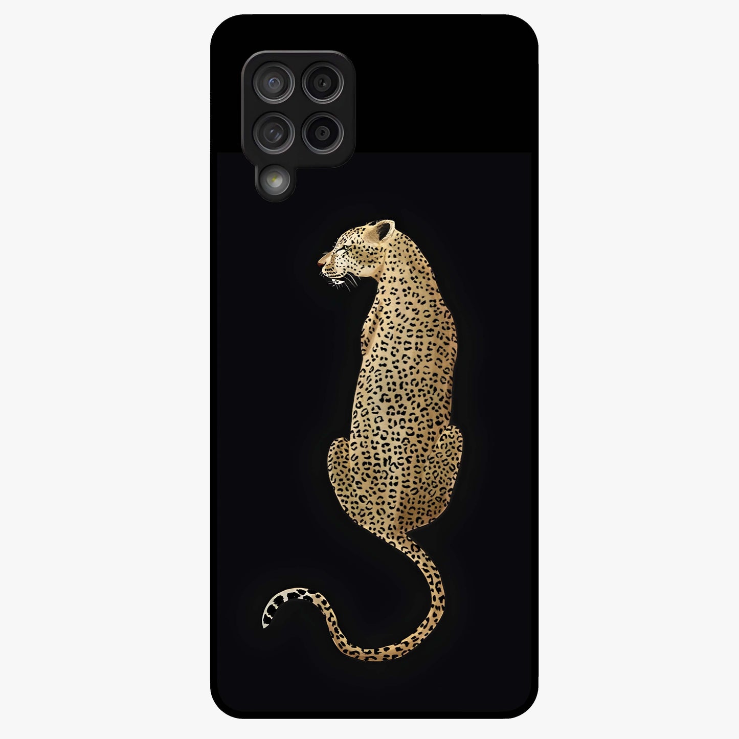 Regal Leopard Glass Case showing flat back view with bold leopard artwork and glossy glass finish.