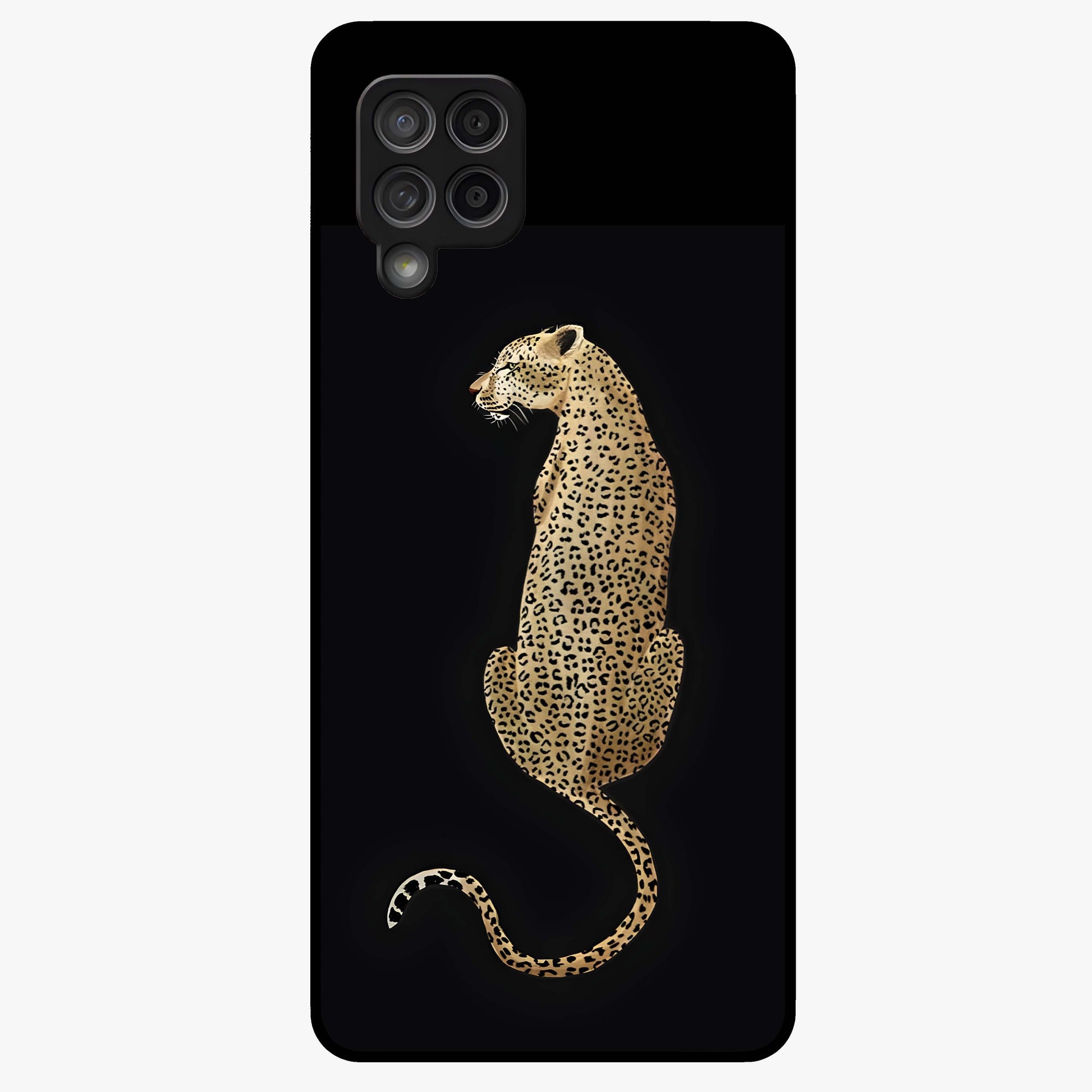 Regal Leopard Glass Case showing flat back view with bold leopard artwork and glossy glass finish.