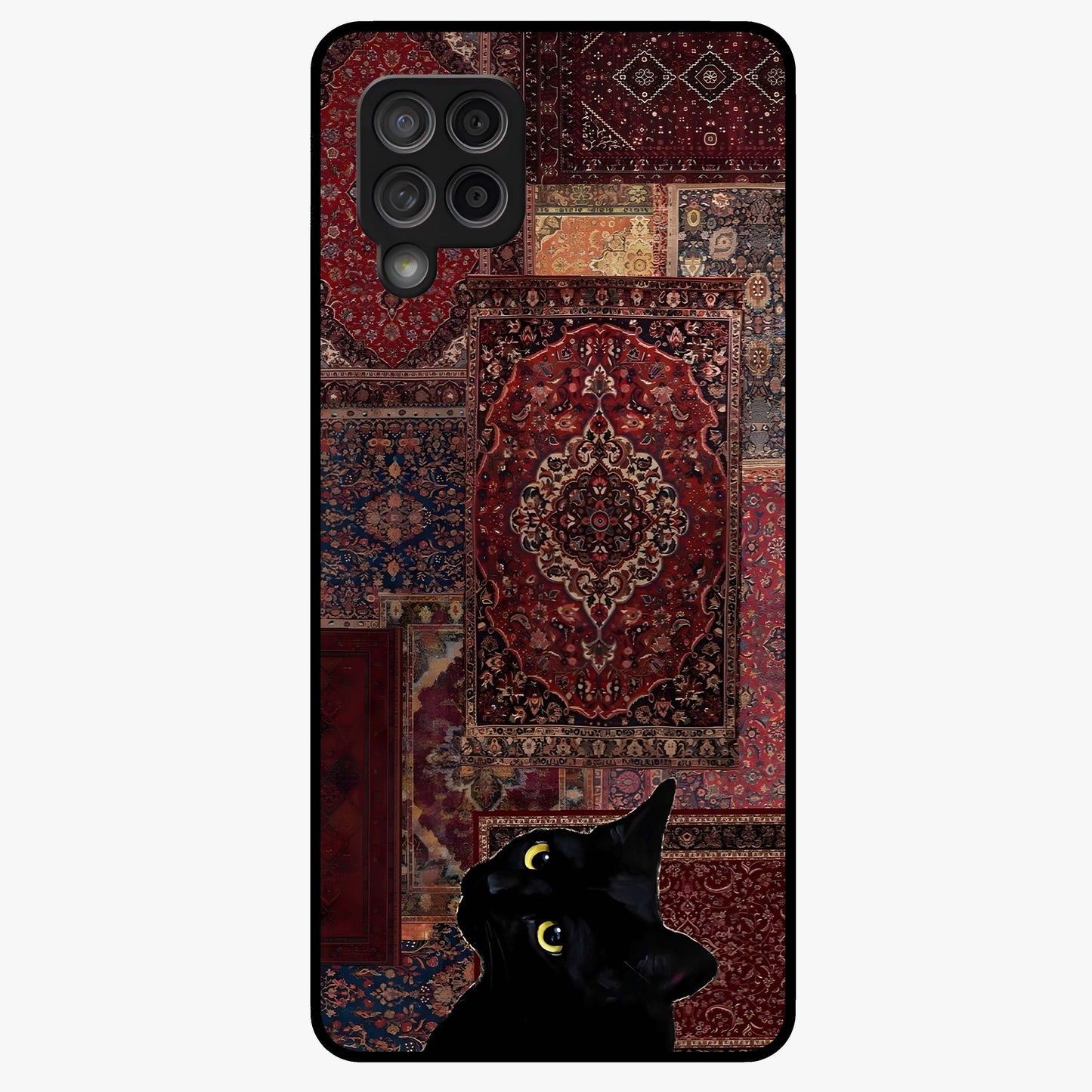 Regal Magic Cat Apple Glass Case showing flat back view with magical cat artwork holding apple and glossy glass finish.