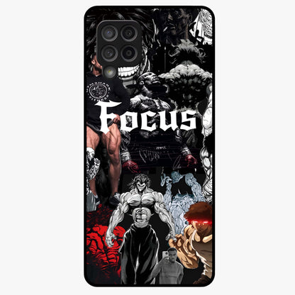 Relentless Power Focus Glass Case showing flat back view with motivational typography artwork and glossy glass finish.