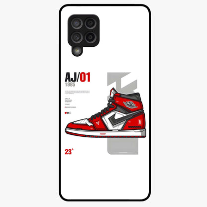 Retro Sneaker Blueprint Glass Case showing flat back view with sneaker blueprint style artwork and glossy glass finish.