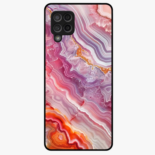 Rose Quartz Marble Glass Case showing flat back view with pink marble quartz texture artwork and glossy glass finish.