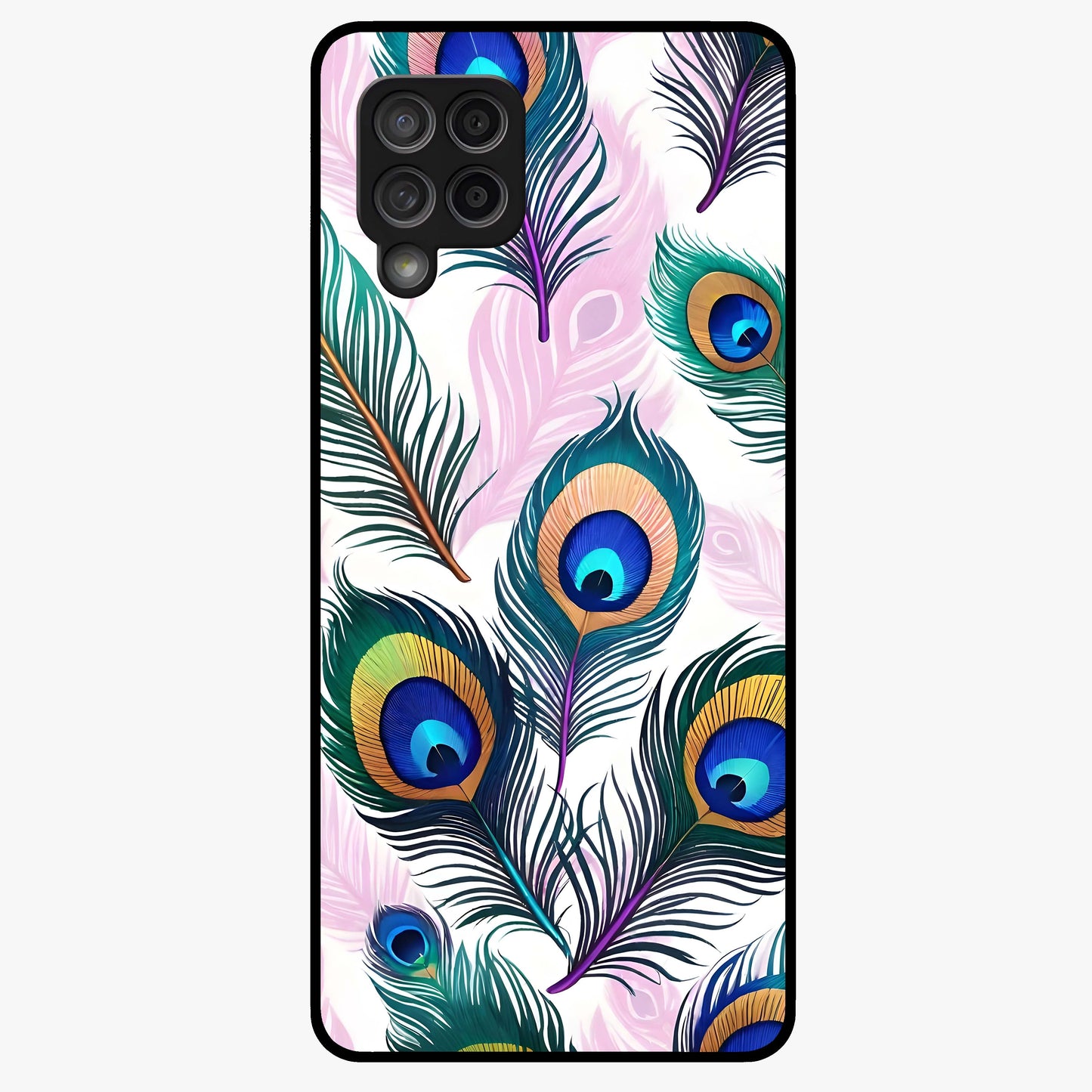 Royal Peacock Feathers Glass Case showing flat back view with colorful peacock feather artwork and glossy glass finish.