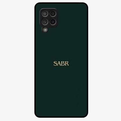 Sabr Minimal Patience Glass Case showing flat back view with minimalist typography artwork and glossy glass finish.