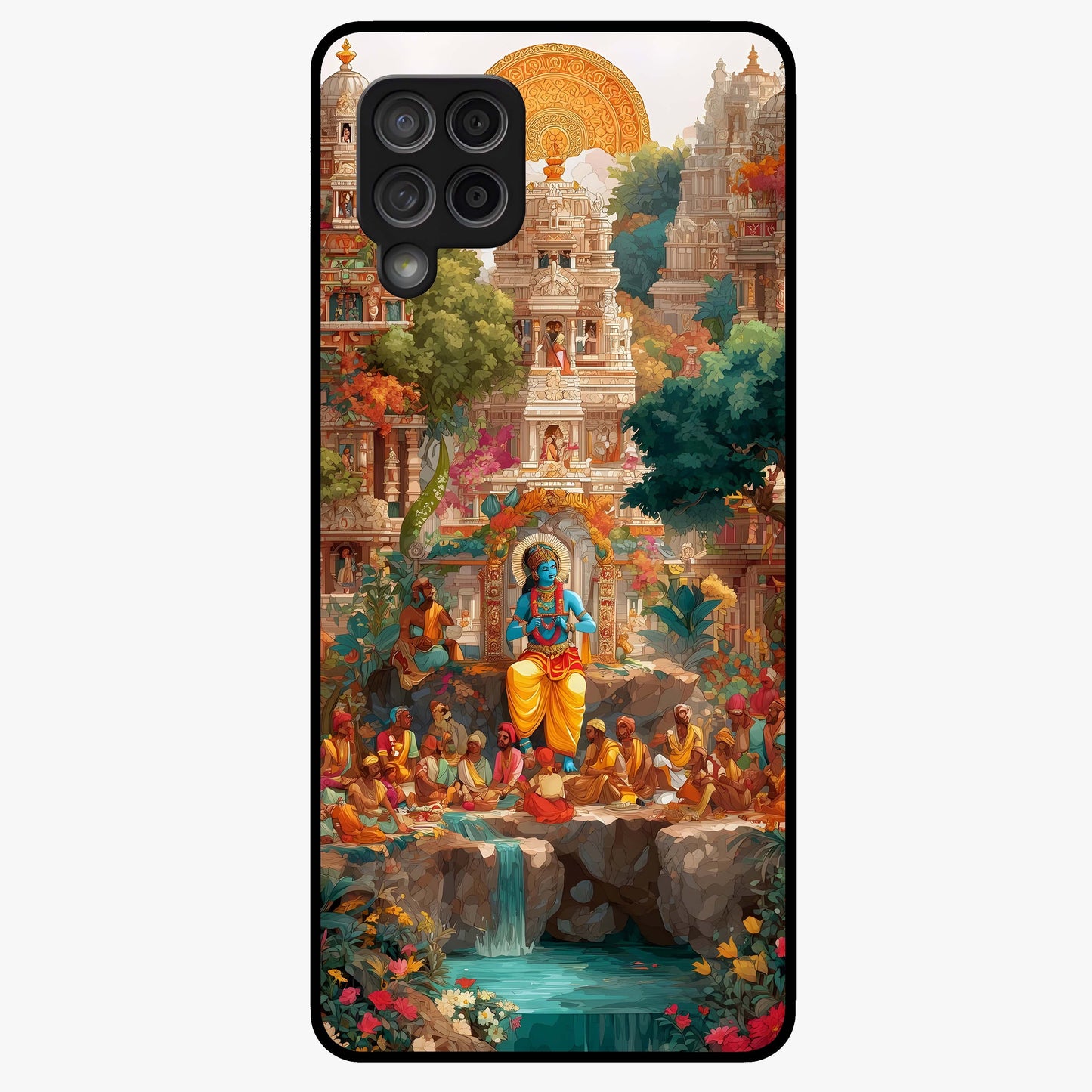 Sacred Sunlight Gods Glass Case showing flat back view with divine sunlight themed artwork and glossy glass finish.