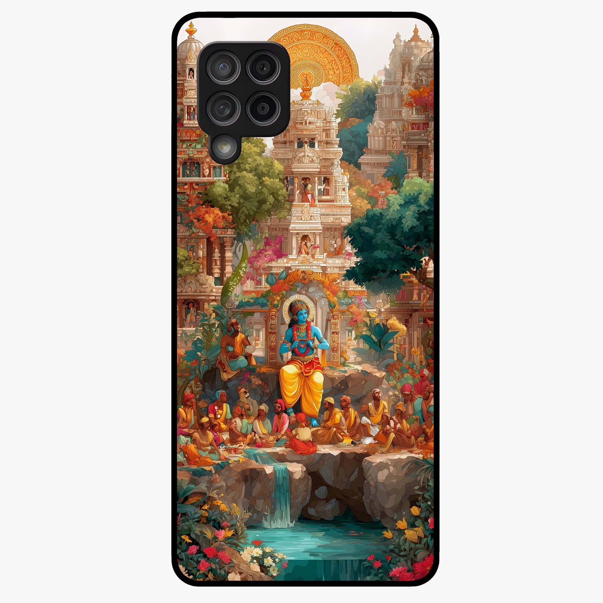 Sacred Sunlight Gods Glass Case showing flat back view with divine sunlight themed artwork and glossy glass finish.