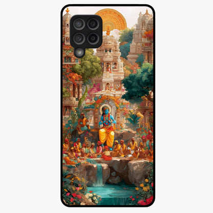 Sacred Sunlight Gods Glass Case showing flat back view with divine sunlight themed artwork and glossy glass finish.