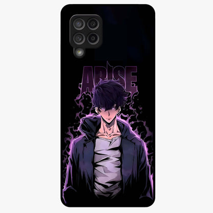Shadow Monarch Awakening Glass Case showing flat back view with powerful dark monarch themed artwork and glossy glass finish.