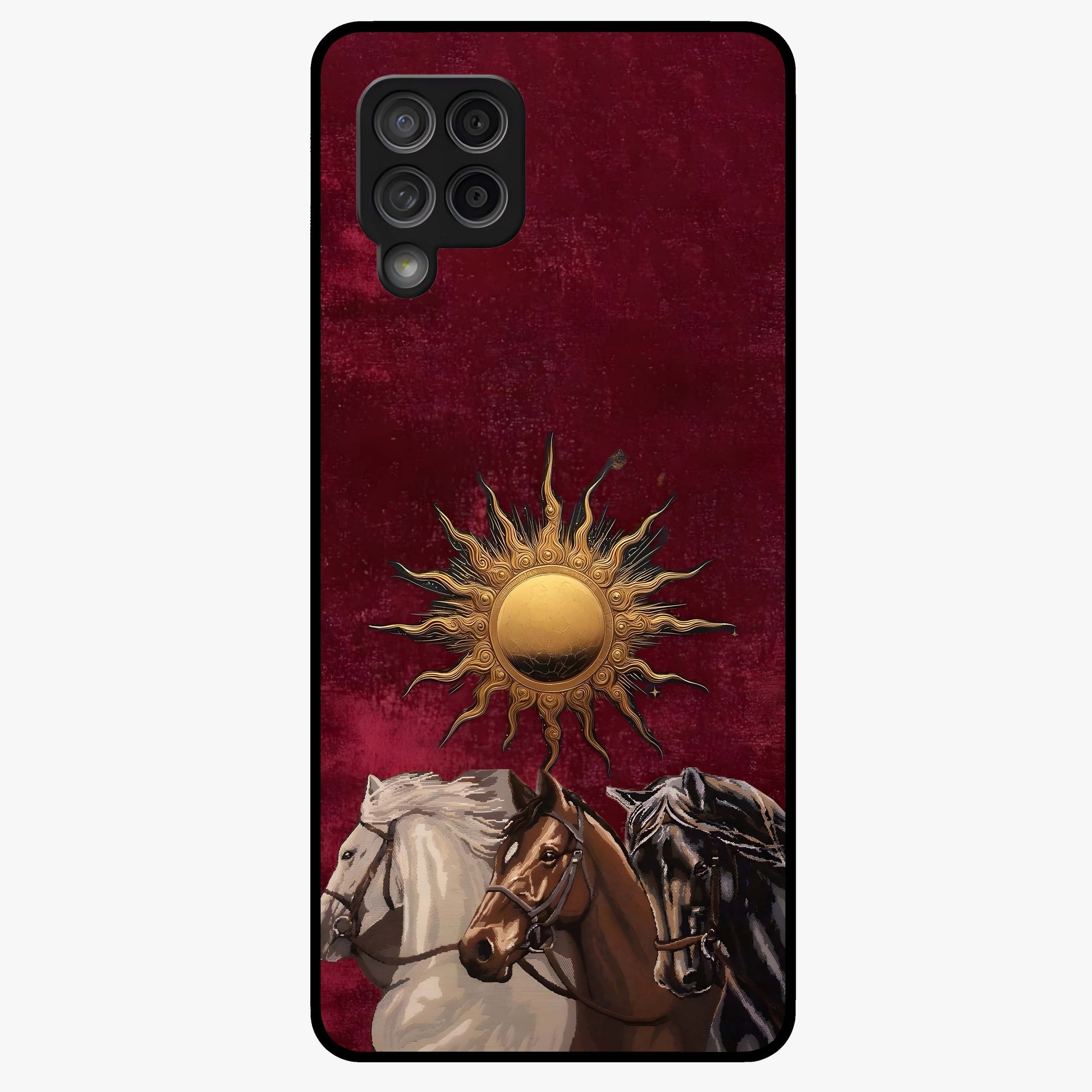 Solar Riders Glass Case showing flat back view with dynamic rider themed artwork and glossy glass finish.