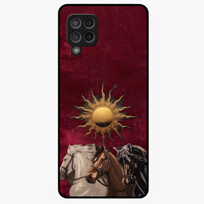 Solar Riders Glass Case showing flat back view with dynamic rider themed artwork and glossy glass finish.