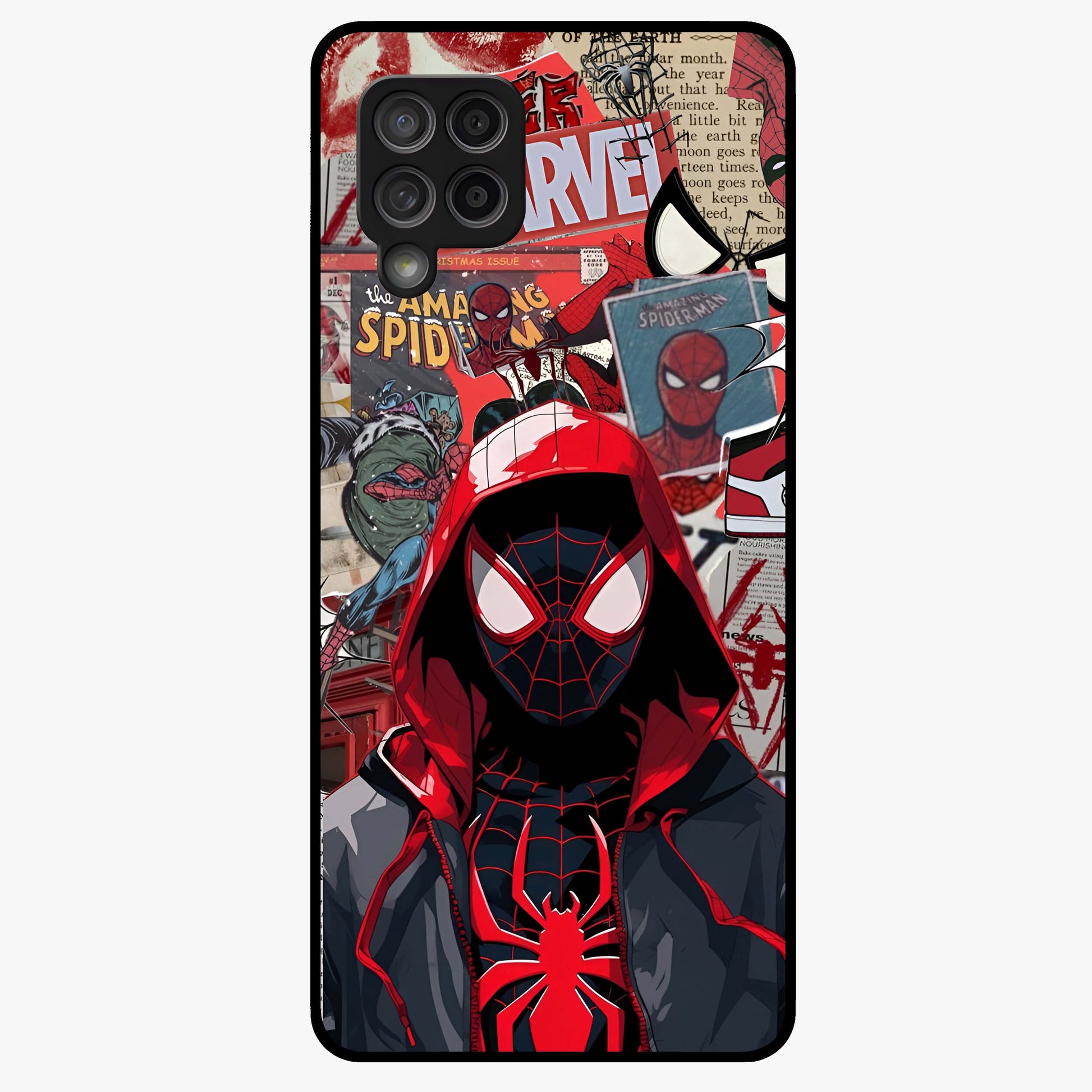 Spider Collage Street Glass Case showing flat back view with vibrant superhero collage artwork and glossy glass finish.