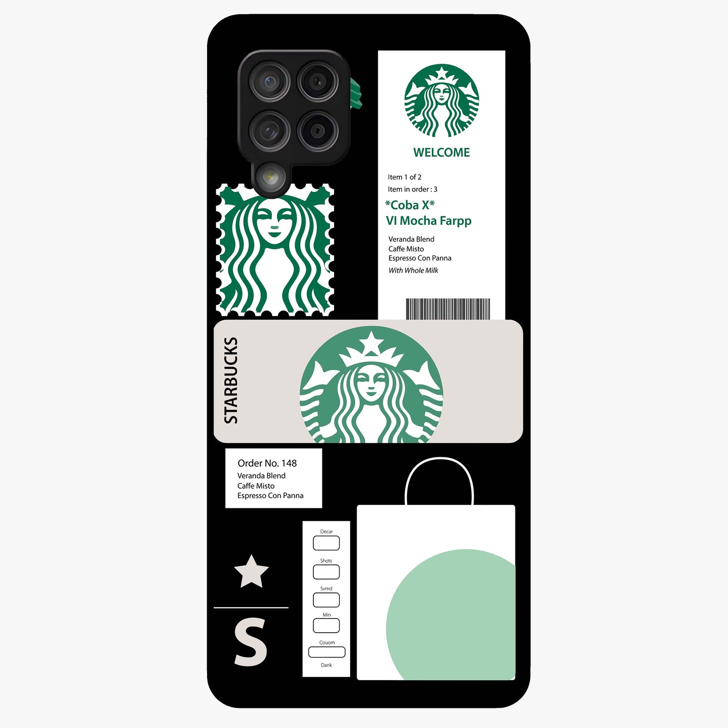 Starbucks Mocha Glass Case showing flat back view with coffee inspired artwork and glossy glass finish.