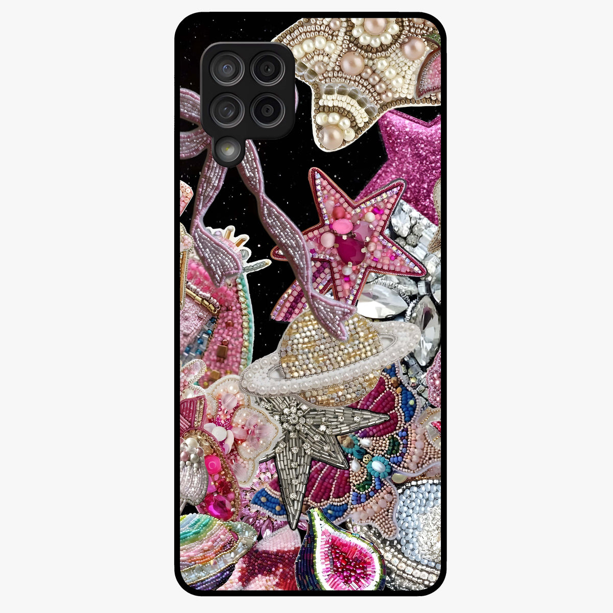 Starlit Jewel Dream Glass Case showing flat back view with sparkling jewel and star themed artwork and glossy glass finish.