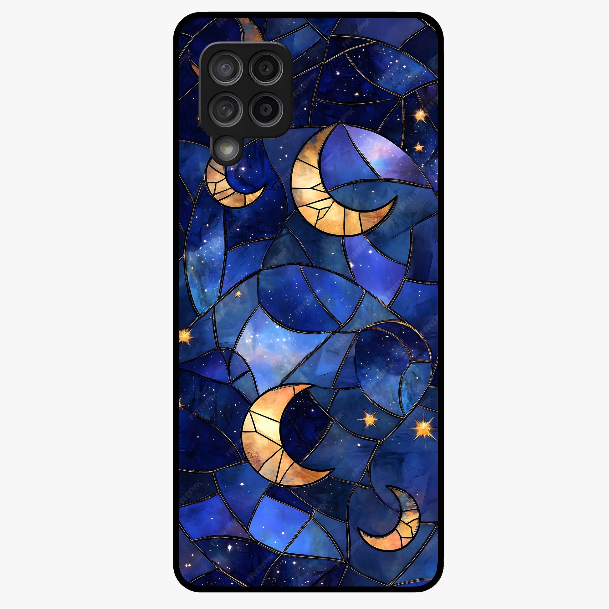 Starlit Sky Tapestry Glass Case showing flat back view with decorative starry sky tapestry artwork and glossy glass finish.