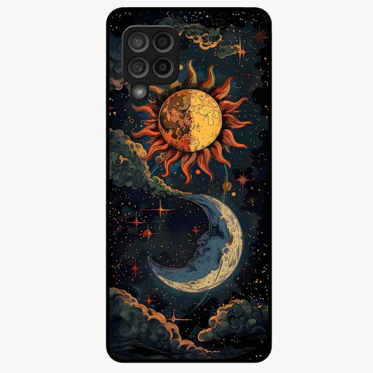 Sun And Moon Magic Design Glass Case showing flat back view with mystical sun and moon artwork and glossy glass finish.