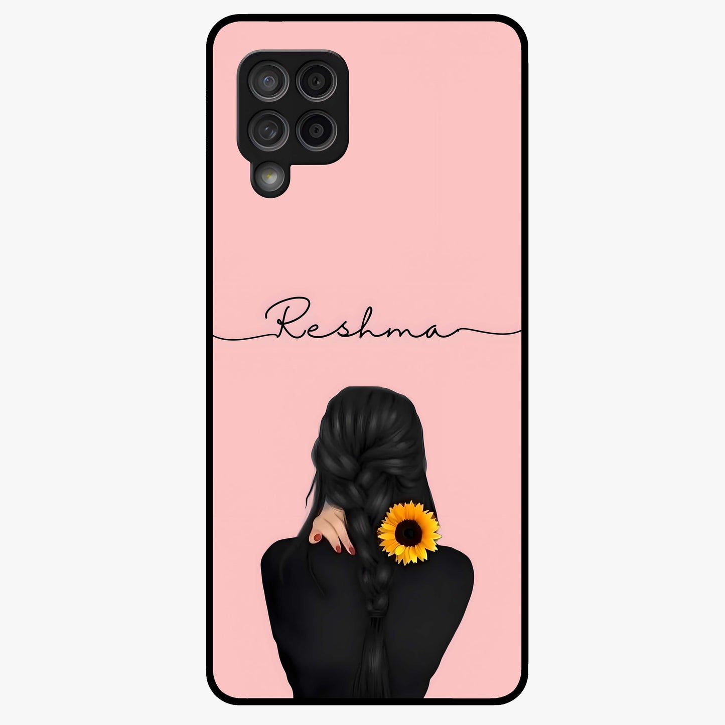 Sunflower Braid Beauty With Custom Name Glass Case showing flat back view with sunflower braid artwork and personalized name design.