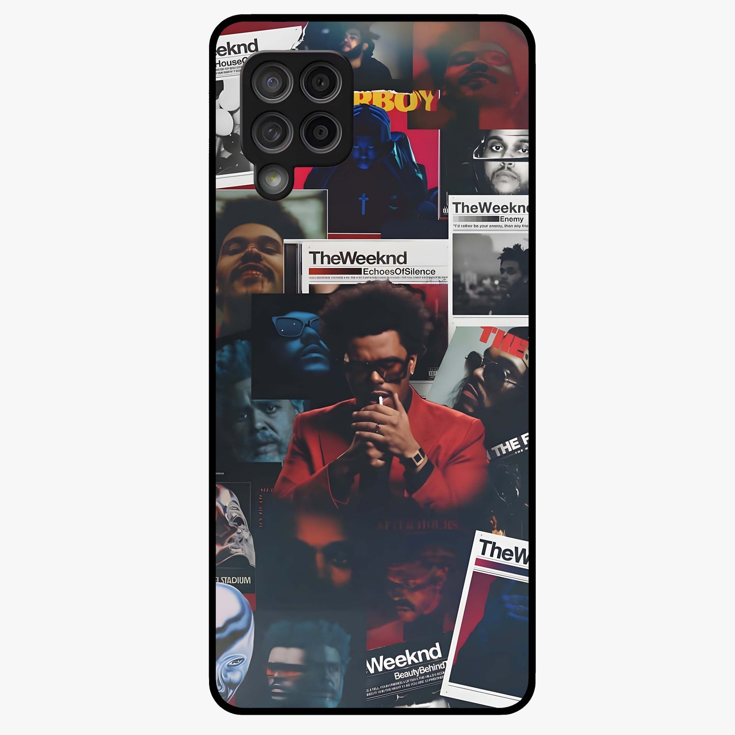 The Weeknd Glass Case showing flat back view with music inspired artistic portrait artwork and glossy glass finish.