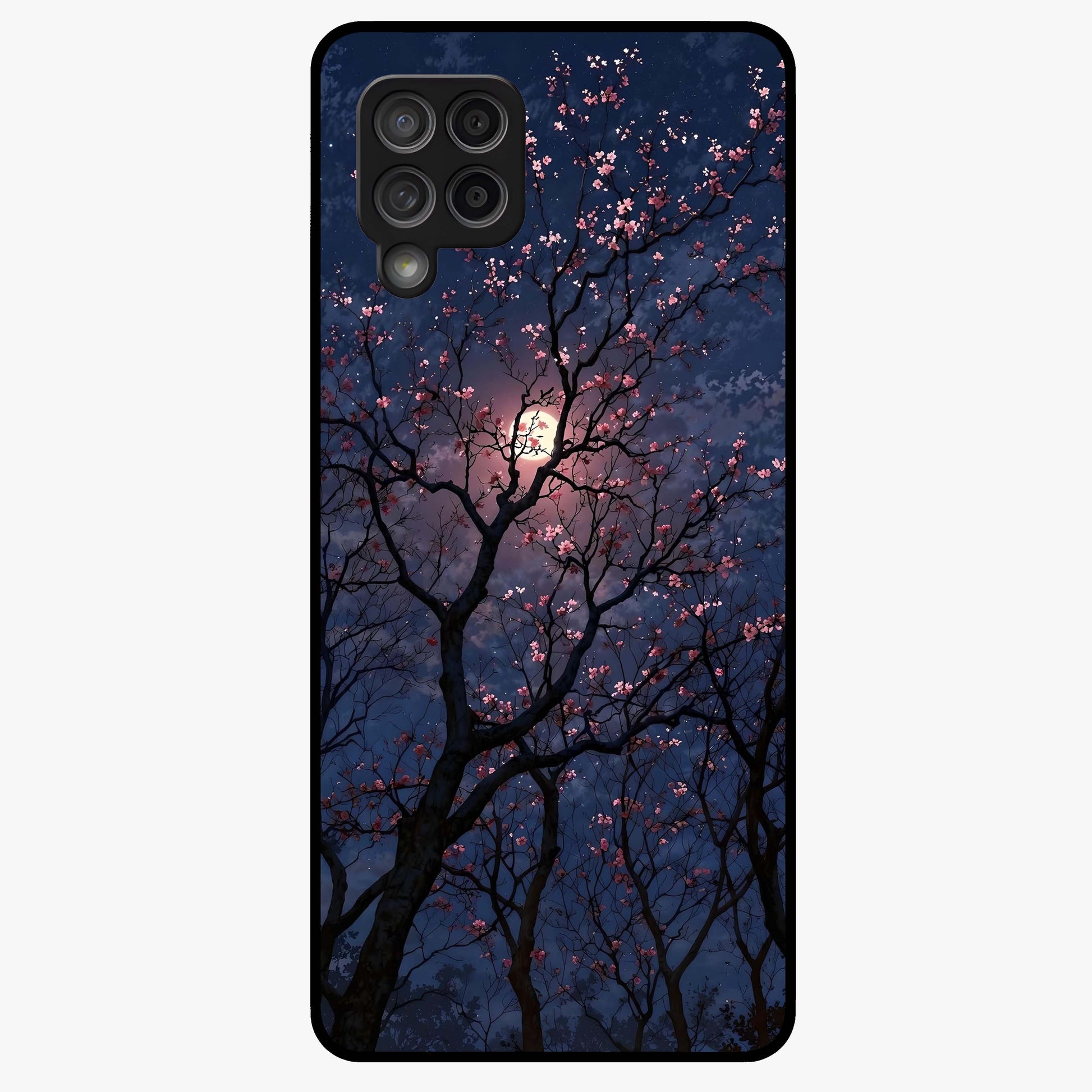 Twilight Sakura Serenade Glass Case showing flat back view with cherry blossom artwork at twilight and glossy glass finish.