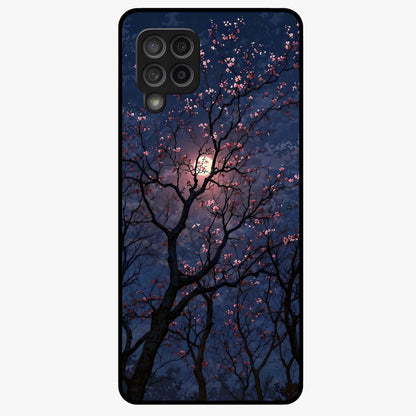 Twilight Sakura Serenade Glass Case showing flat back view with cherry blossom artwork at twilight and glossy glass finish.