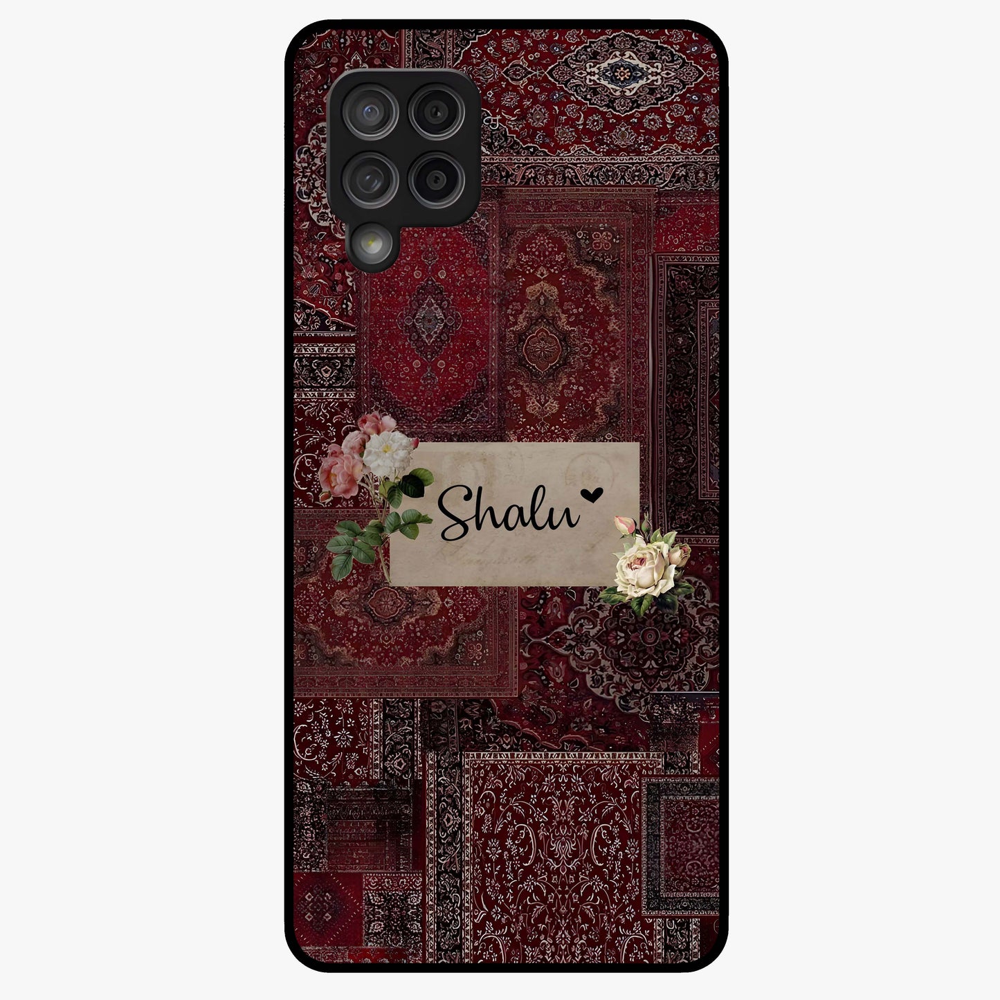Velvet Wine Pattern Custom Name Glass Case showing flat back view with elegant wine colored pattern artwork and personalized name design.