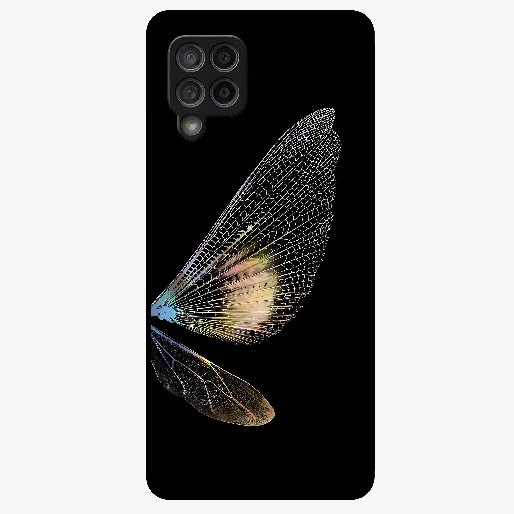 Whispers Of Wings Glass Case showing flat back view with graceful wing inspired artwork and glossy glass finish.