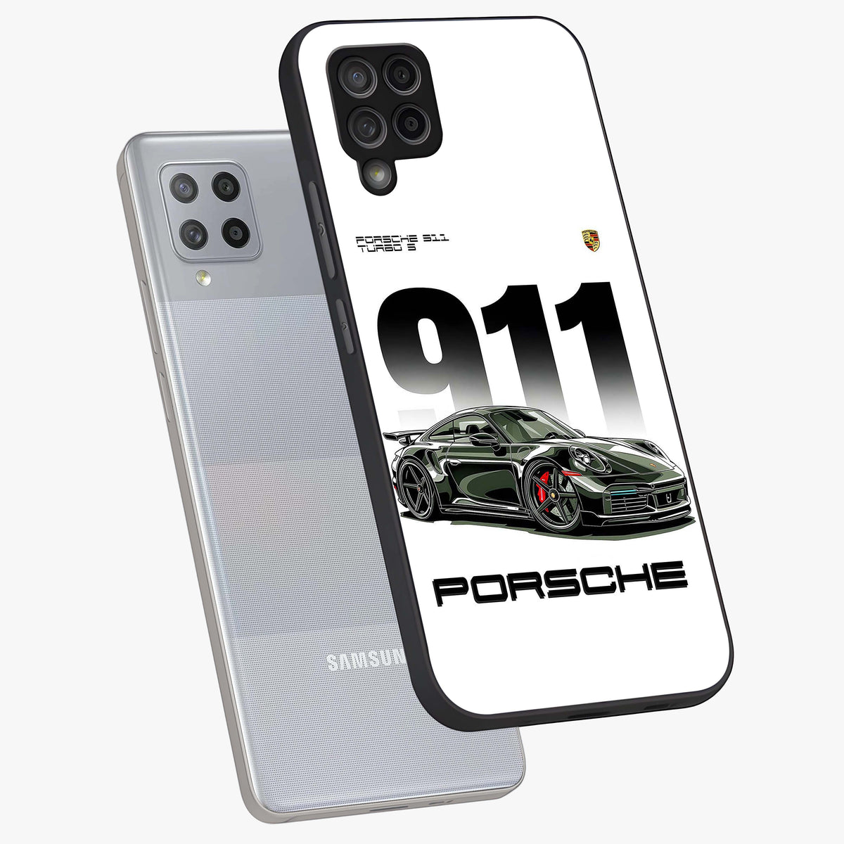 911 Turbo Dominance Glass Case displayed in premium angled mockup highlighting sporty car illustration and sleek glass surface.
