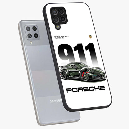 911 Turbo Dominance Glass Case displayed in premium angled mockup highlighting sporty car illustration and sleek glass surface.