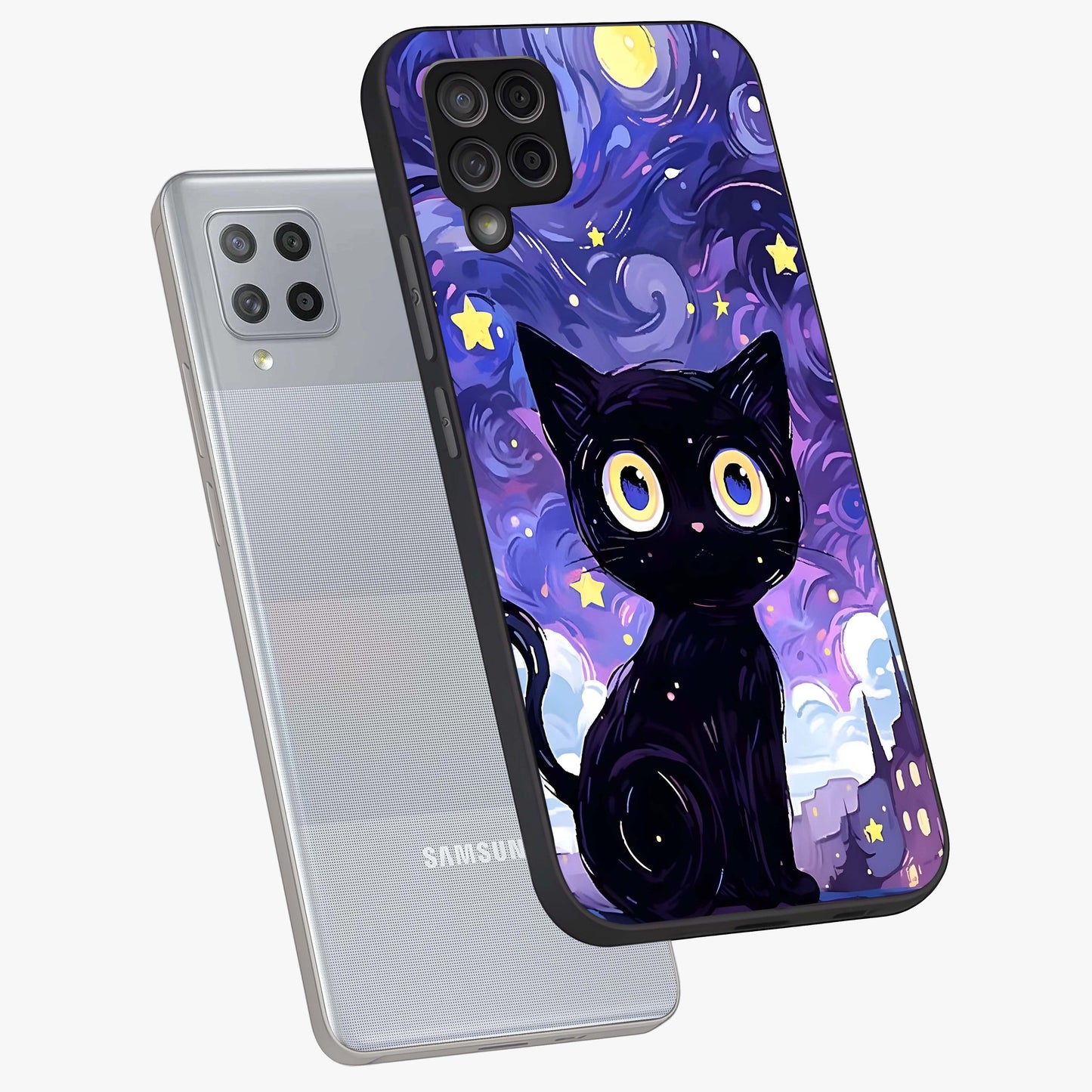 Abstract Cat Art Glass Case displayed in angled mockup highlighting modern abstract cat artwork and sleek glass surface.