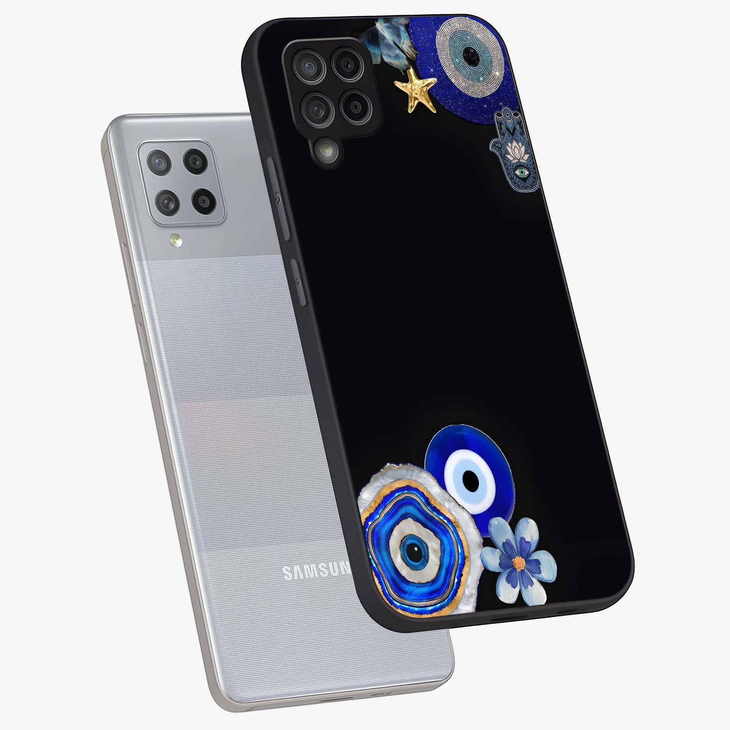 Aesthetic Blue Evil Eye Glass Case displayed in angled mockup highlighting blue evil eye symbol and spiritual aesthetic design.