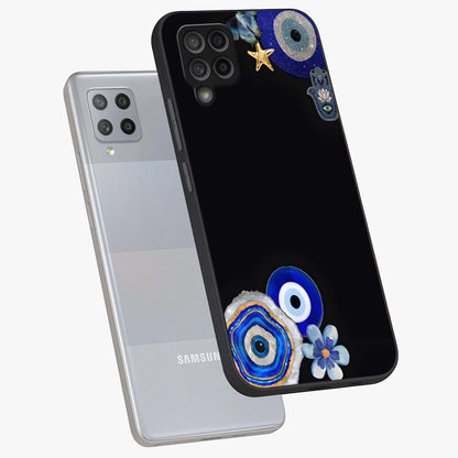Aesthetic Blue Evil Eye Glass Case displayed in angled mockup highlighting blue evil eye symbol and spiritual aesthetic design.
