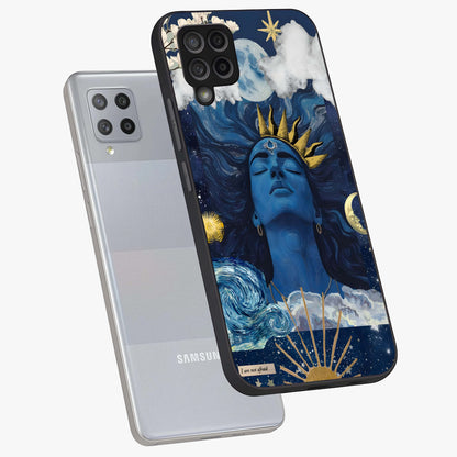 Aesthetic Lord Shiva Glass Case displayed in angled mockup highlighting spiritual Shiva illustration and sacred aesthetic design.