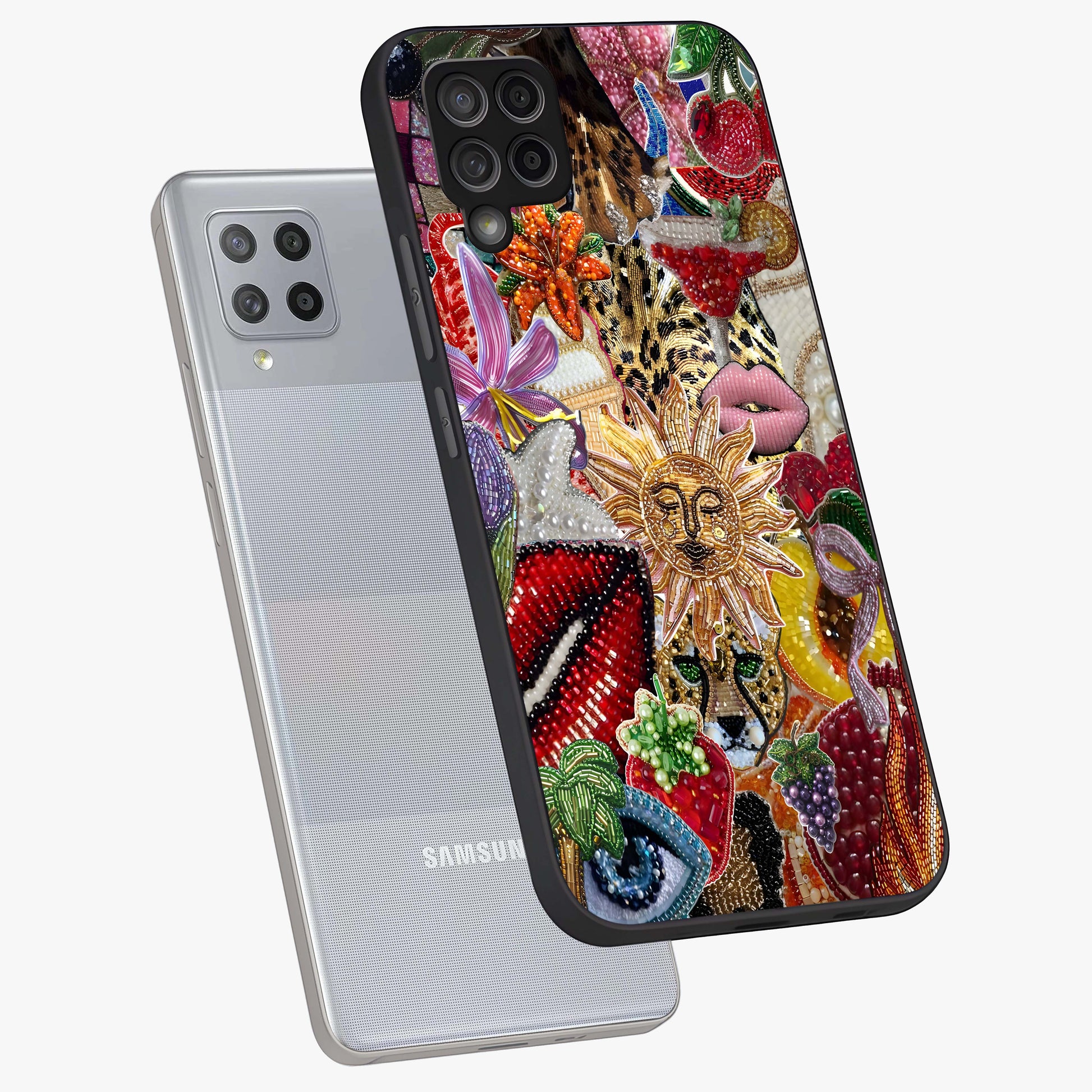 Beaded Fashion Jungle Glass Case displayed in angled mockup highlighting colorful fashion bead design and artistic pattern.