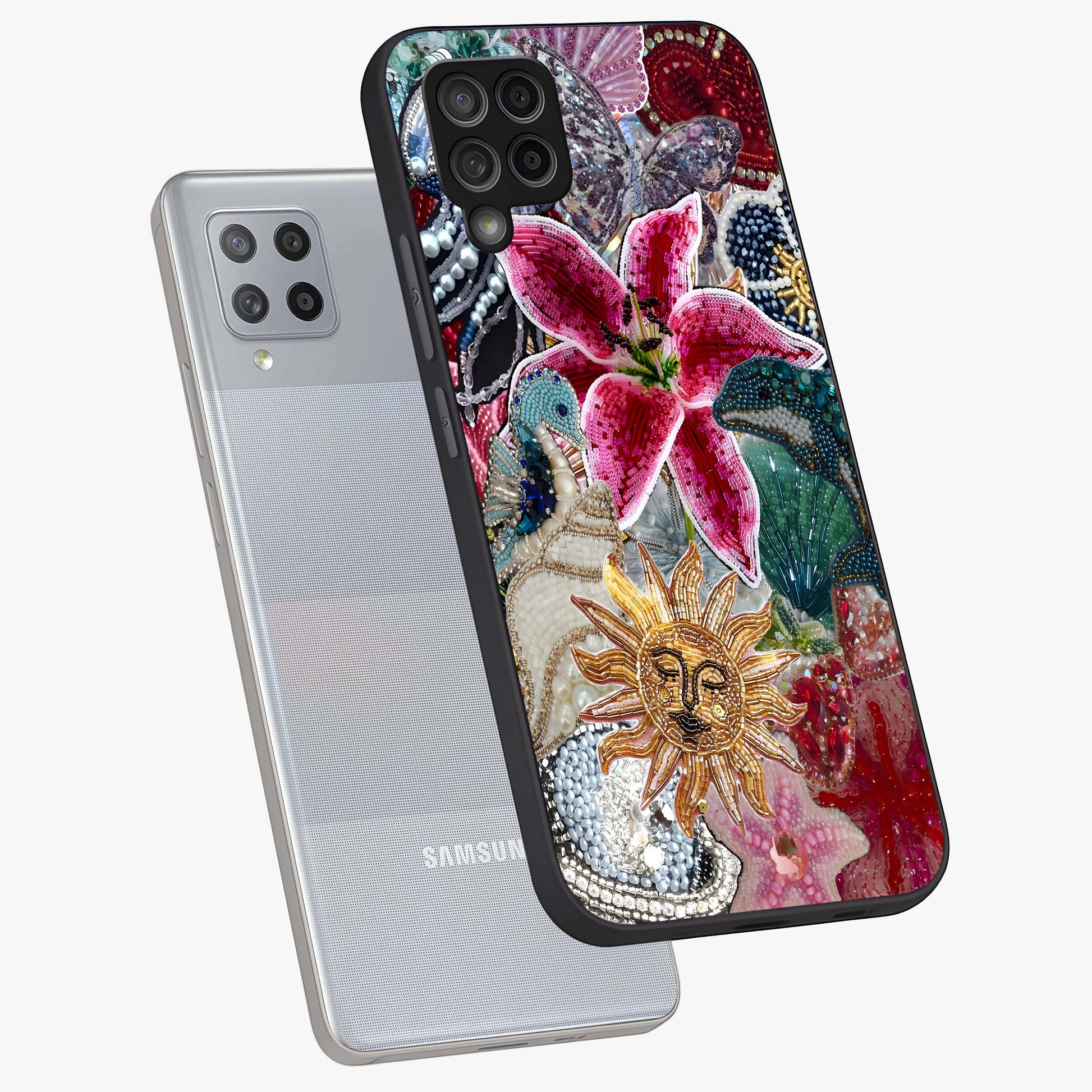 Beaded Garden Fantasy Glass Case displayed in angled mockup highlighting fantasy inspired floral bead pattern.
