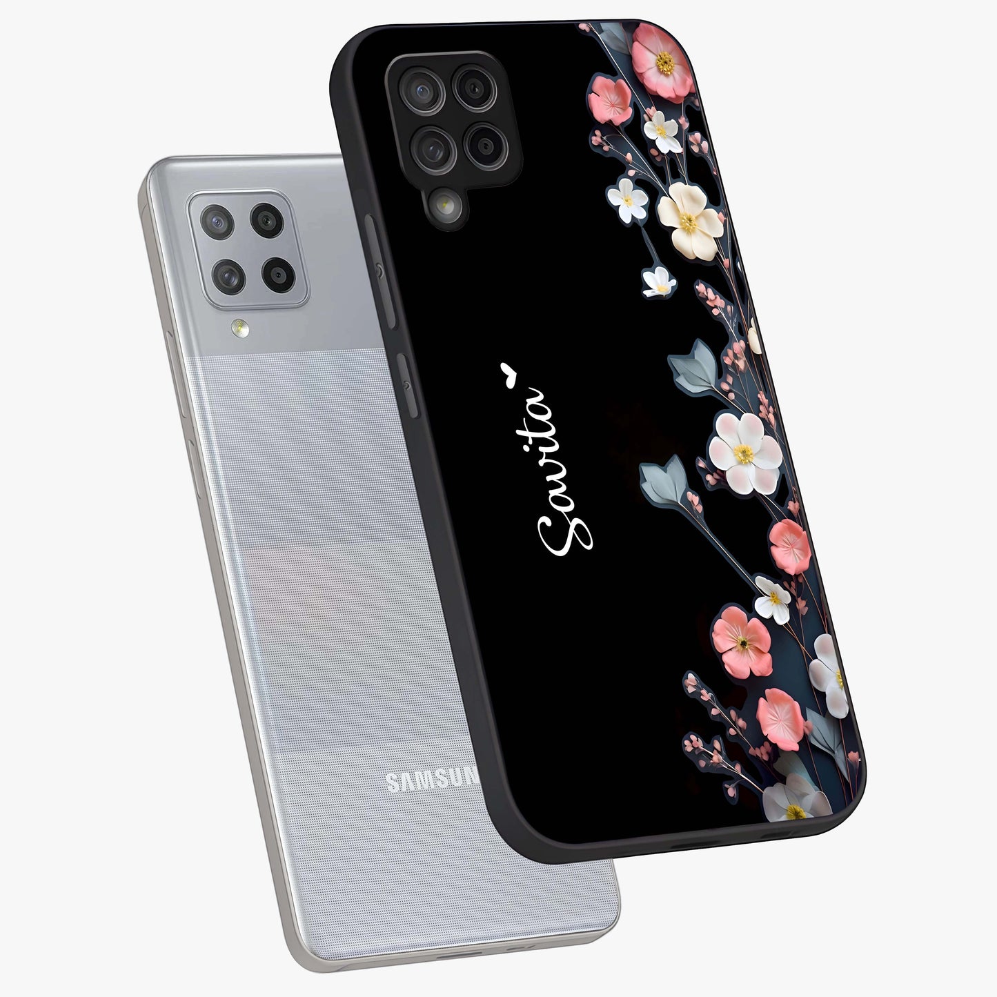 Black Elegance Floral Custom Name Glass Case displayed in angled mockup highlighting dark floral aesthetic and custom name feature.