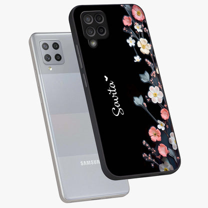 Black Elegance Floral Custom Name Glass Case displayed in angled mockup highlighting dark floral aesthetic and custom name feature.