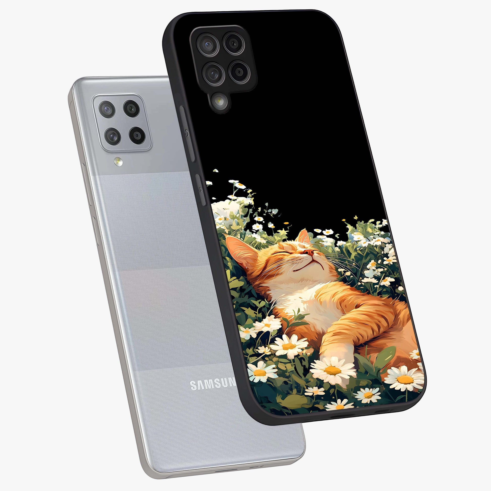 Blissful Bloom Cat Glass Case displayed in angled mockup highlighting playful feline illustration with soft floral aesthetic.