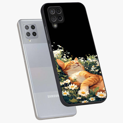 Blissful Bloom Cat Glass Case displayed in angled mockup highlighting playful feline illustration with soft floral aesthetic.