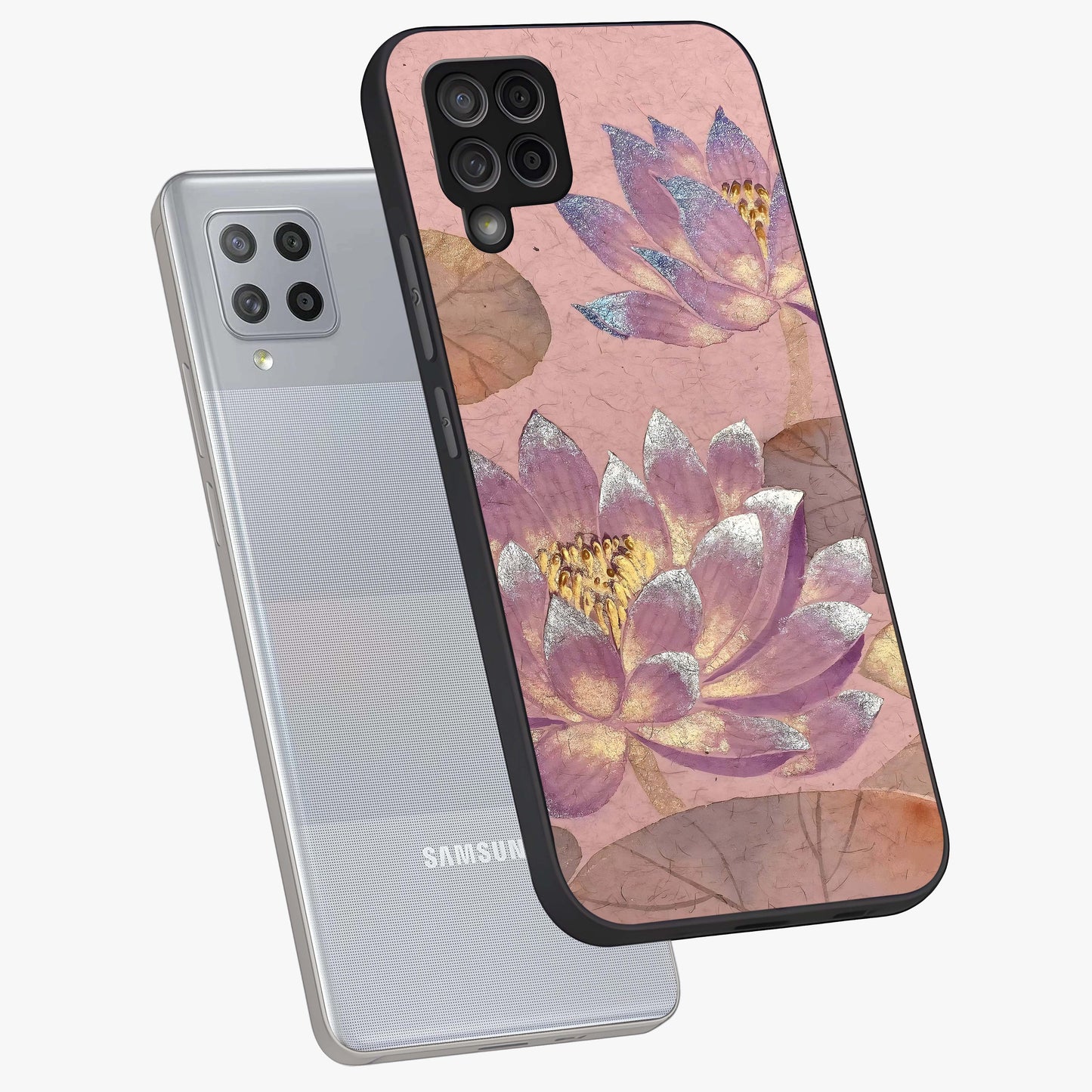 Blossom Mist Lotus Glass Case displayed in angled mockup highlighting delicate lotus illustration with calm aesthetic theme.